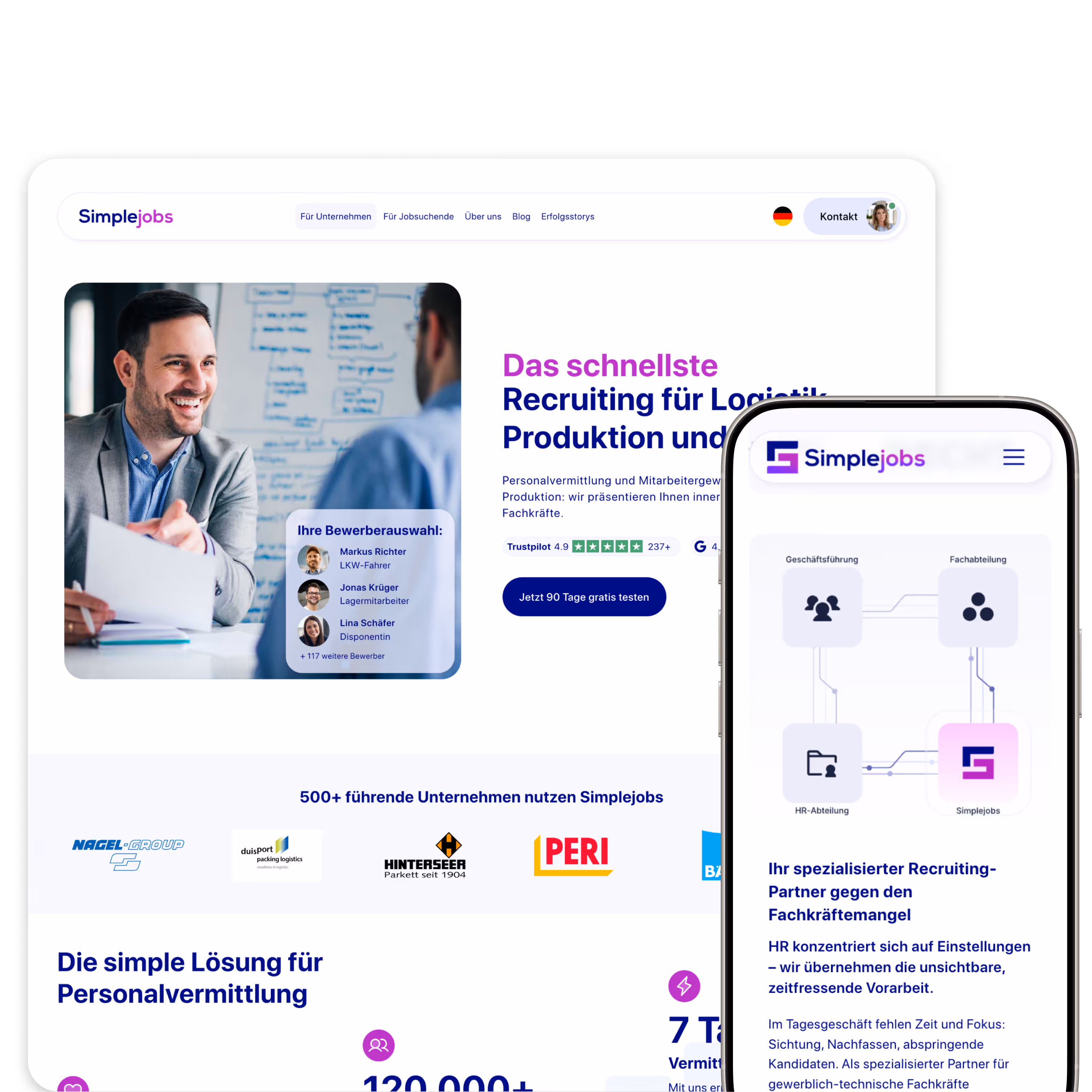 Website-Startseite von Simplejobs zeigt schnelles Recruiting für Logistik, Produktion mit Bewerberliste und Unternehmenslogos.