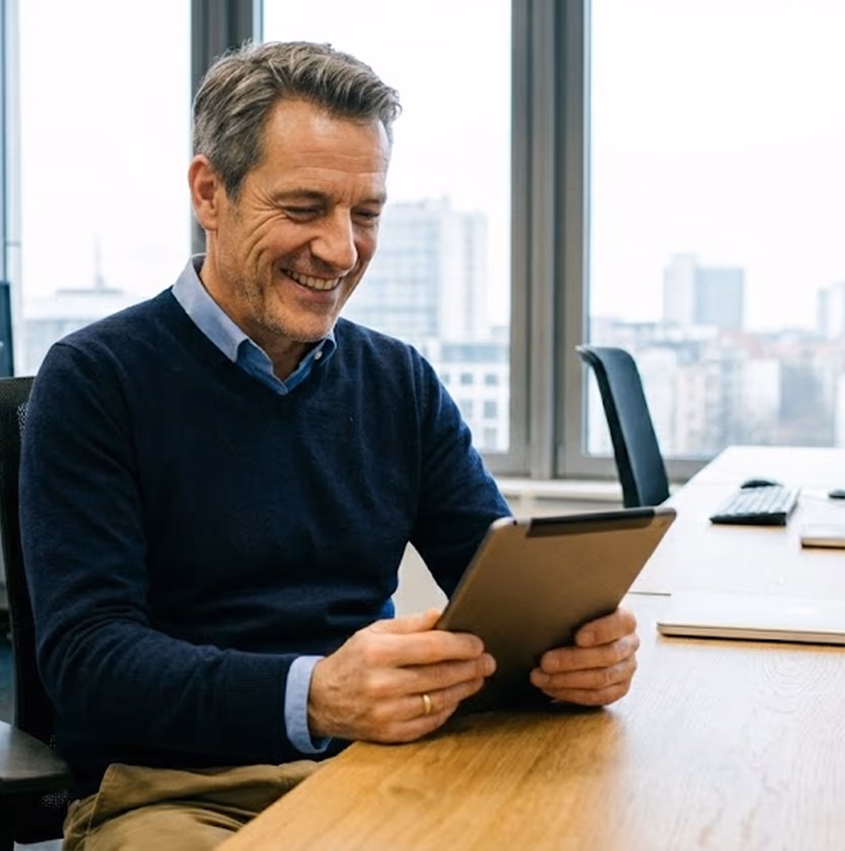 Lächelnder Mann mittleren Alters sitzt an einem Schreibtisch und hält ein Tablet in der Hand in einem modernen Büro.