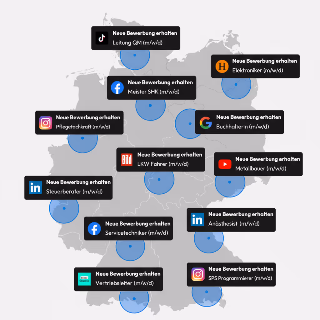 Deutschlandkarte mit Symbolen sozialer Medien, die verschiedene Stellenanzeigen wie Leitung QM, Elektroniker, Buchhalterin, Metallbauer, Anästhesist, Pflegefachkraft und mehr anzeigen.