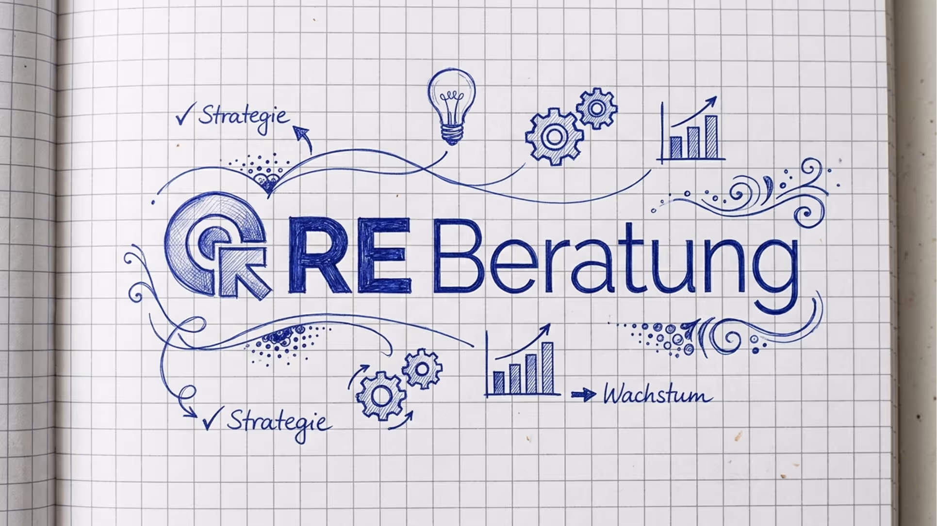 Auf kariertem Papier handgezeichnetes DESIGN mit dem Schriftzug RE Beratung, Symbolen wie Glühbirne, Zahnräder, Balkendiagrammen und den Worten Strategie und Wachstum.