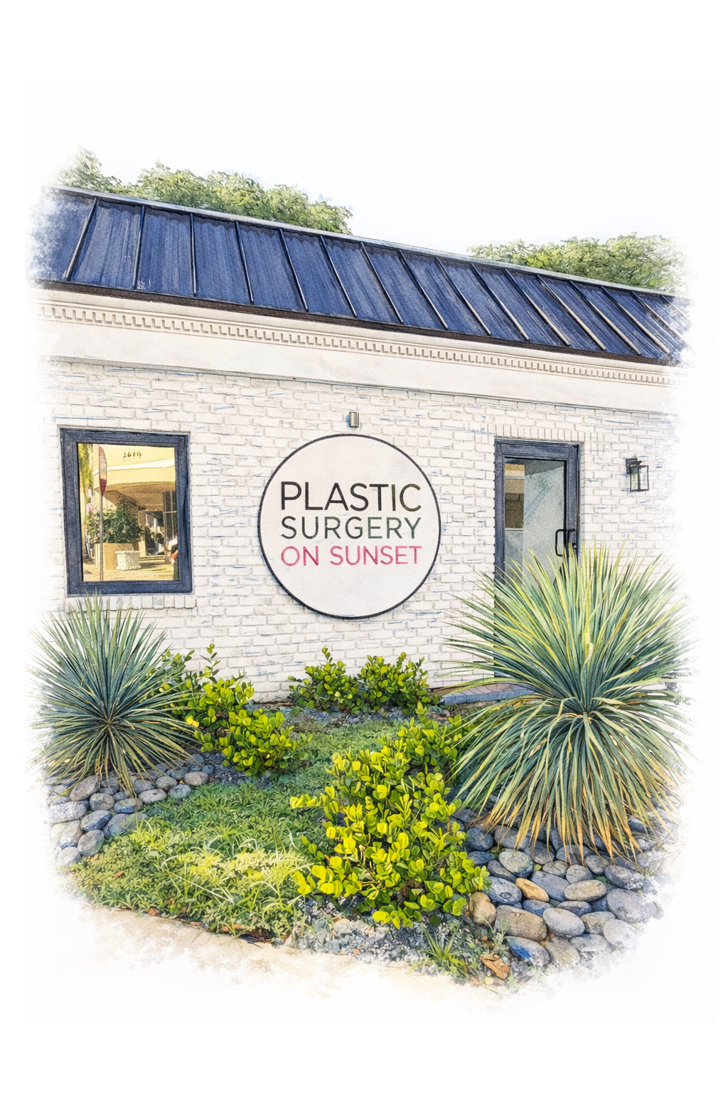 Exterior of a white brick building with a circular sign reading 'Plastic Surgery on Sunset' next to a window and door, surrounded by green plants and rocks.