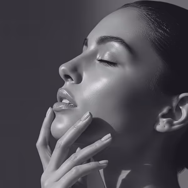 Close-up grayscale profile of a woman with smooth skin and eyes closed, gently touching her chin with her hand.