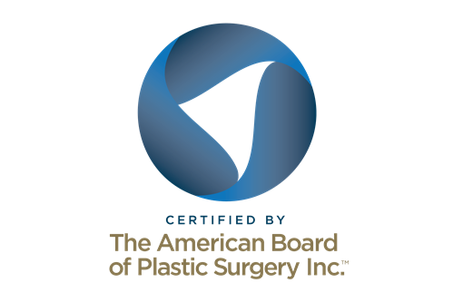 The American Board of Plastic Surgery certification emblem with a blue circular abstract design.