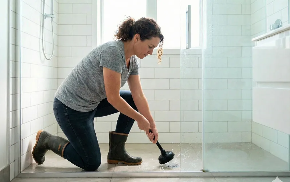 woman unblocking shower drain in auckland new zealand