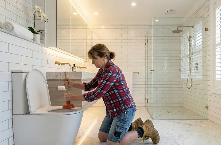 Woman unblocking toilet with plunger