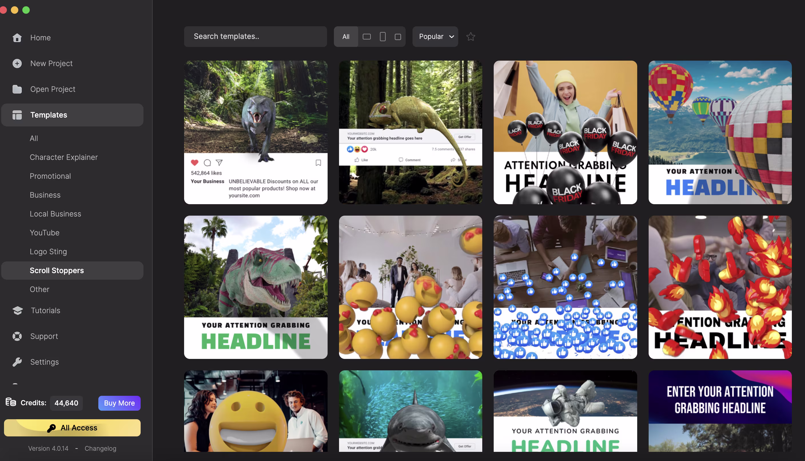 User interface of a template selection screen showing various promotional scroll stopper templates with images of animals, emojis, people, and Black Friday themes.