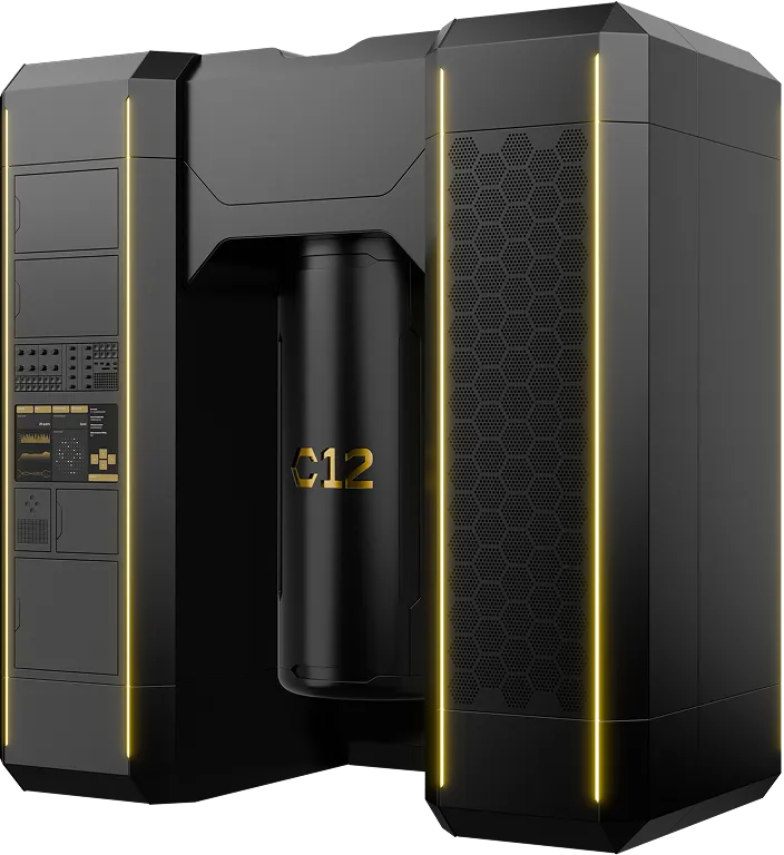 Modern black quantum computer with yellow vertical lights and a central cylindrical module labeled C12.