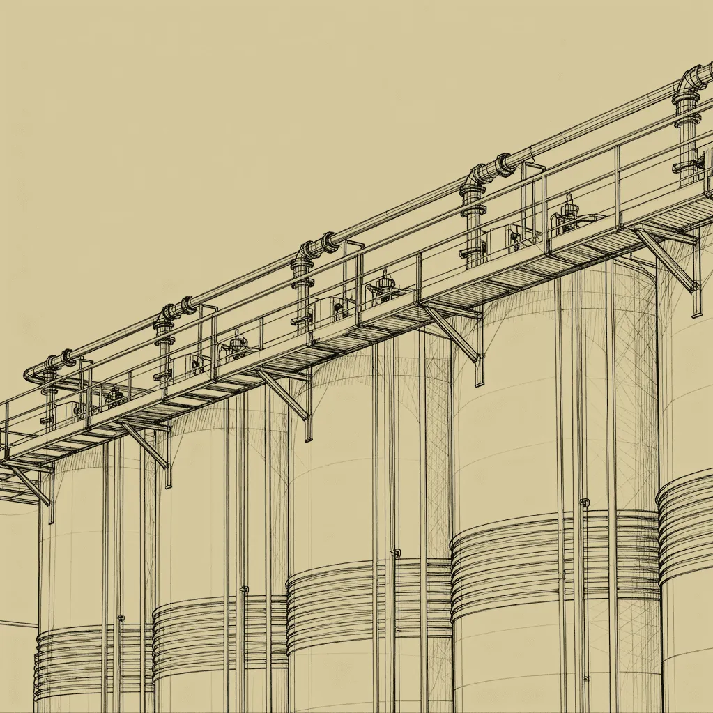 Wireframe-style industrial storage tanks connected by overhead piping and a suspended walkway.