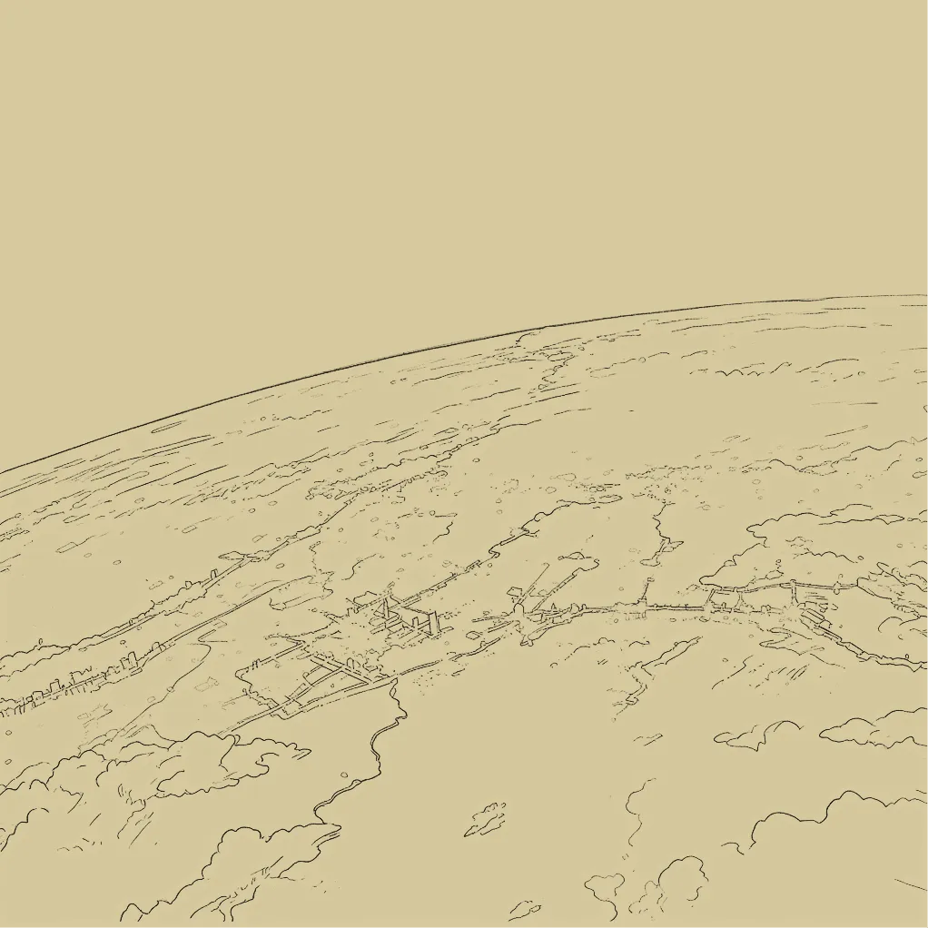 Minimalist line drawing of a landscape with a river, buildings, and trees on a beige background.