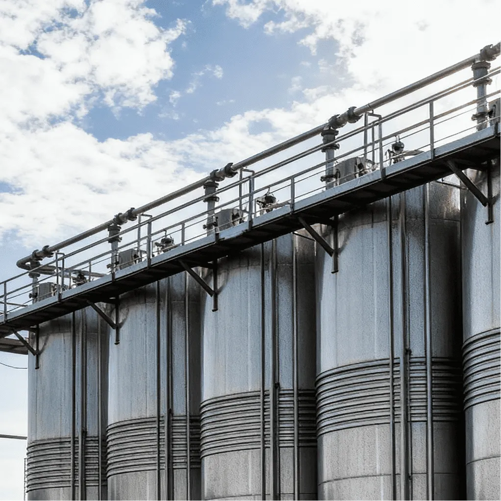 Row of large vertical stainless steel industrial storage tanks with overhead walkway under a partly cloudy sky.