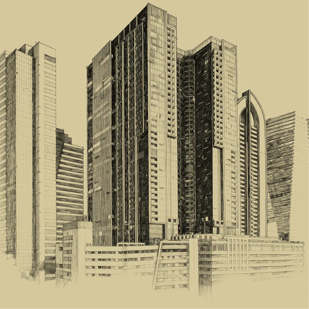 Detailed black ink sketch of multiple modern skyscrapers in an urban cityscape on a yellowish background.