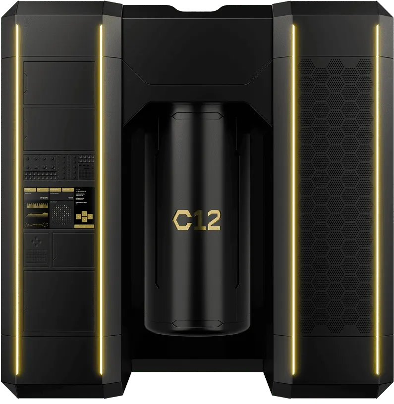 Top-down view of a sleek black quantum computer with glowing yellow vertical lines and a central unit labeled C12.