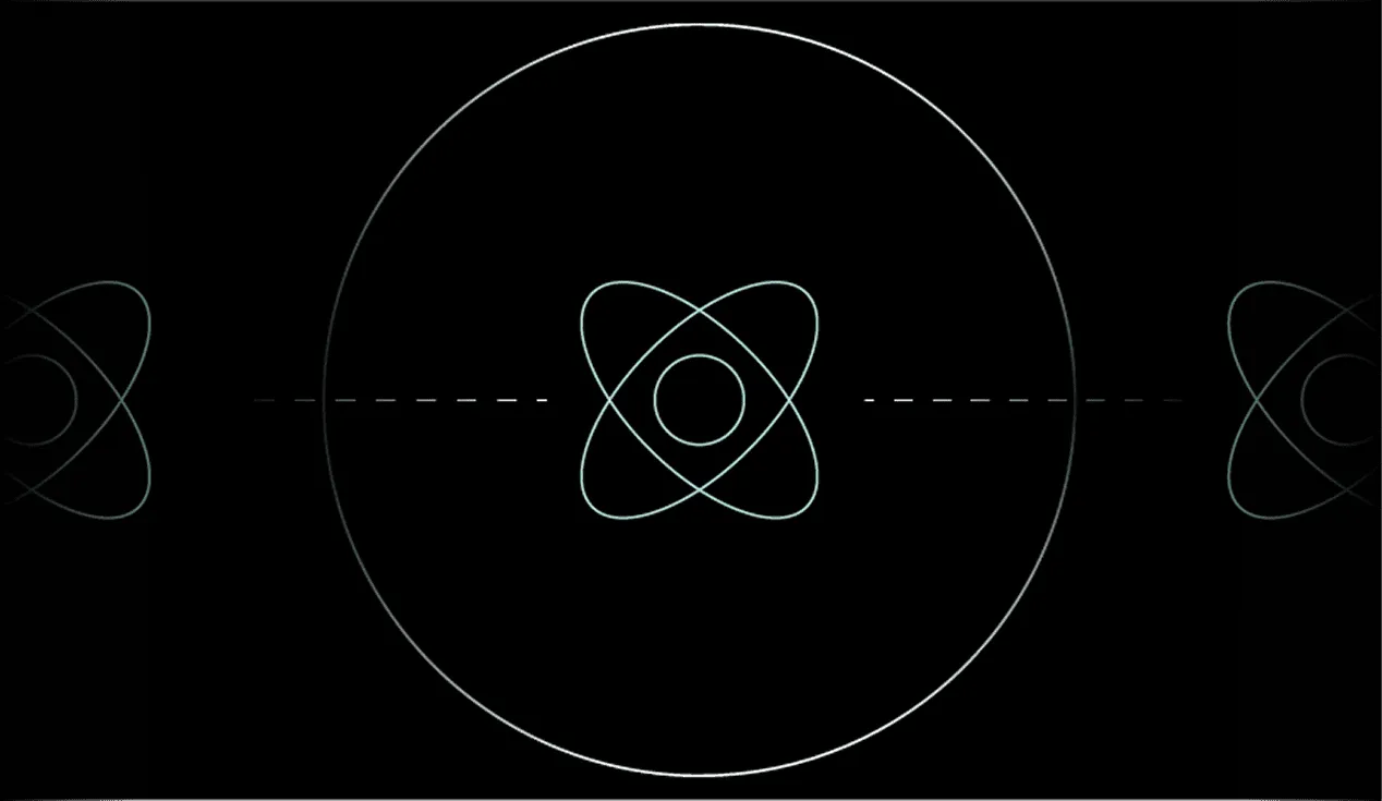 Minimalist atomic model illustration with a central nucleus and elliptical electron orbits on a black background.