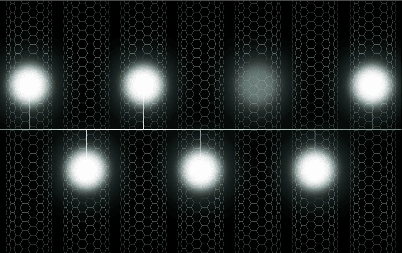 Abstract digital network with glowing white nodes connected by thin lines against a dark honeycomb patterned background.