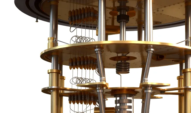 Close-up of a cryostat device featuring metallic rods and circular gold-colored plates connected by springs and wires.