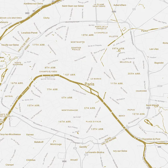 Map showing central and surrounding arrondissements of Paris, including major roads and neighborhoods.