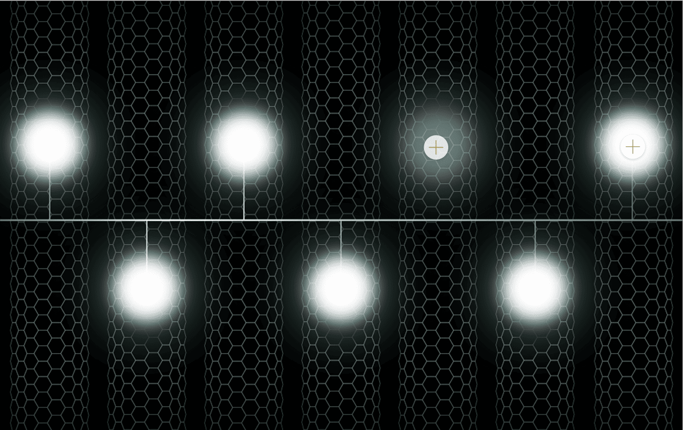 Abstract digital network with glowing white nodes connected by thin lines against a dark honeycomb patterned background.