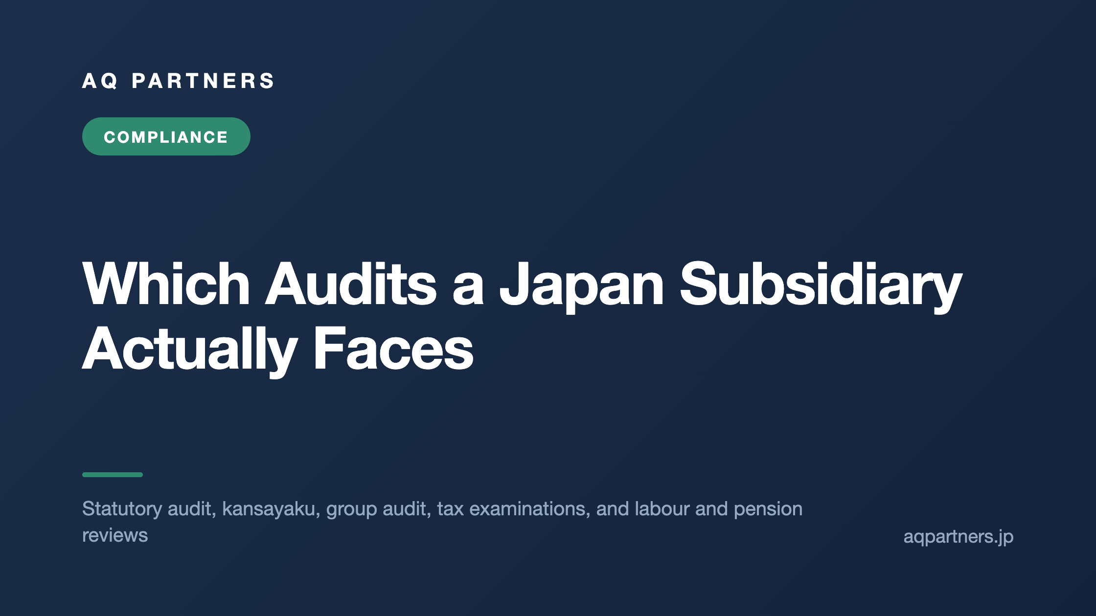 Title card reading Which Audits a Japan Subsidiary Actually Faces, covering the statutory audit, kansayaku, group audit, tax examinations, and labour and pension reviews.