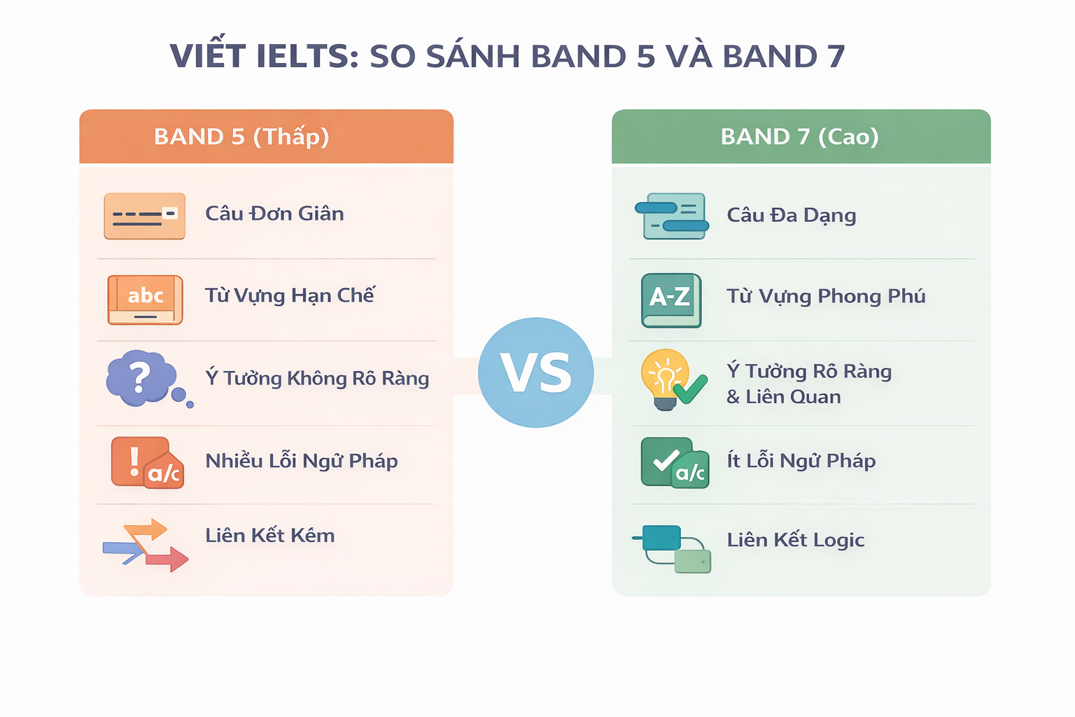 Hình so sánh vấn đề phổ biến của người mới vs yêu cầu giám khảo IELTS (Band 5 và Band 7)