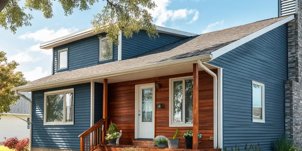 Two story Lincoln, NE home with blue lap siding installed by Bishop Exteriors