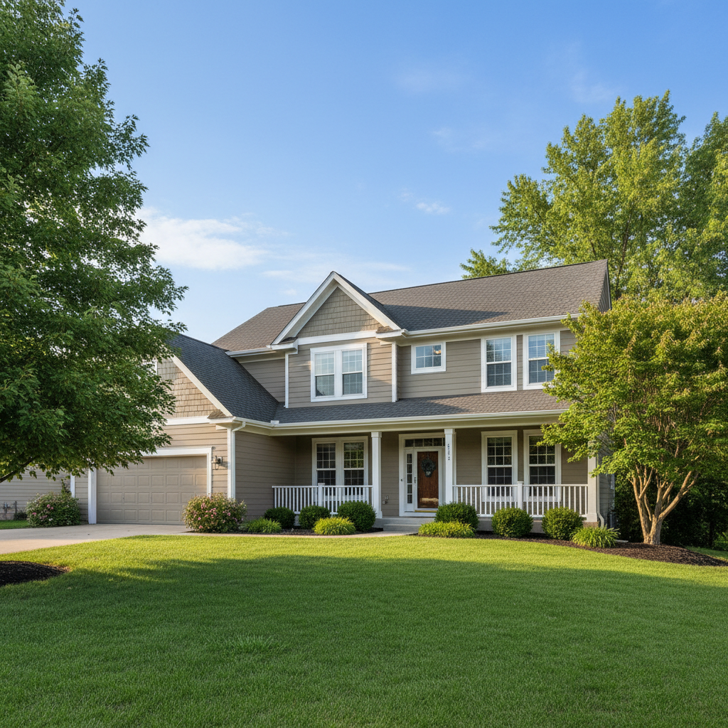 Two story Omaha home with warm greige fiber cement lap siding and white trim