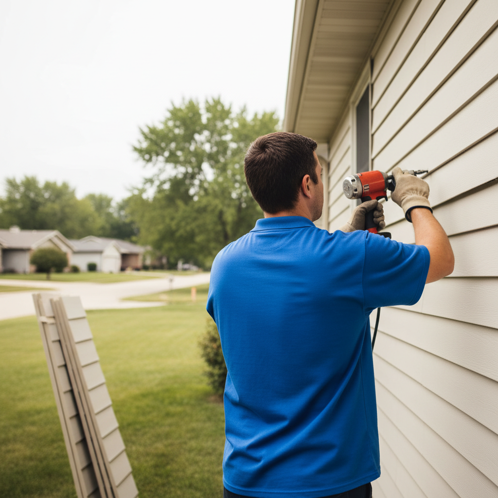 Contractor installing a new section of lap siding on the side of an Omaha home