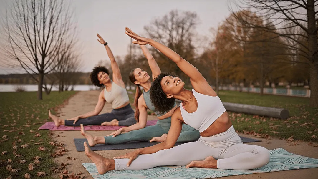 Outdoor yoga session with group on mats