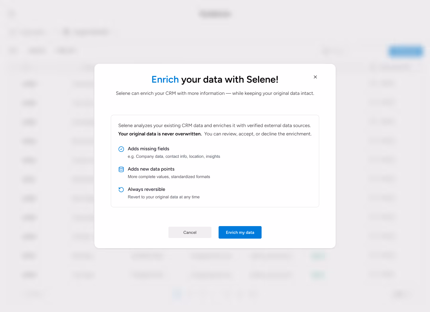 Popup window titled 'Enrich your data with Selene!' explaining CRM data enrichment features with options to cancel or enrich data.