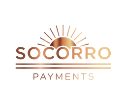 Socorro Payments logo metallic copper. Sun behind the word Socorro with two horizontal bars and the word Payments below.