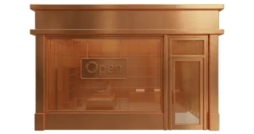 Metallic copper storefront icon with transparent windows and an Open sign hanging in the window