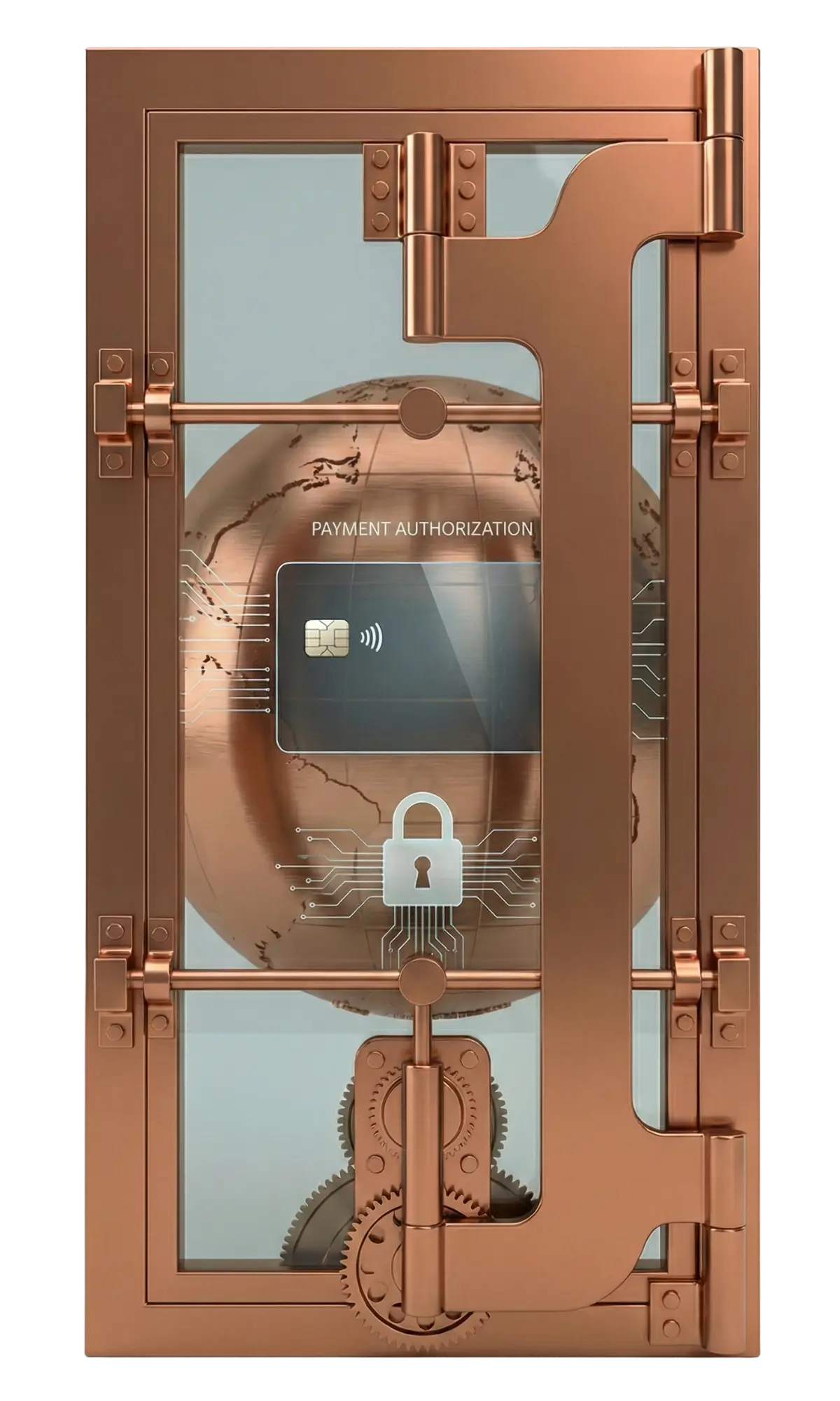 Metallic copper vault door with gears at the bottom and rods going across. The words Payment Authorization are in the center, a silver credit card below that, and a lock with computer chip style geometry coming out of it. In the background, behind a glass image there is a metallic copper globe that fills the middle portion of the door.