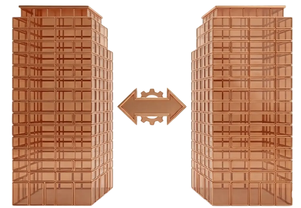 Two metallic copper office buildings with arrow in between and gear behind arrow