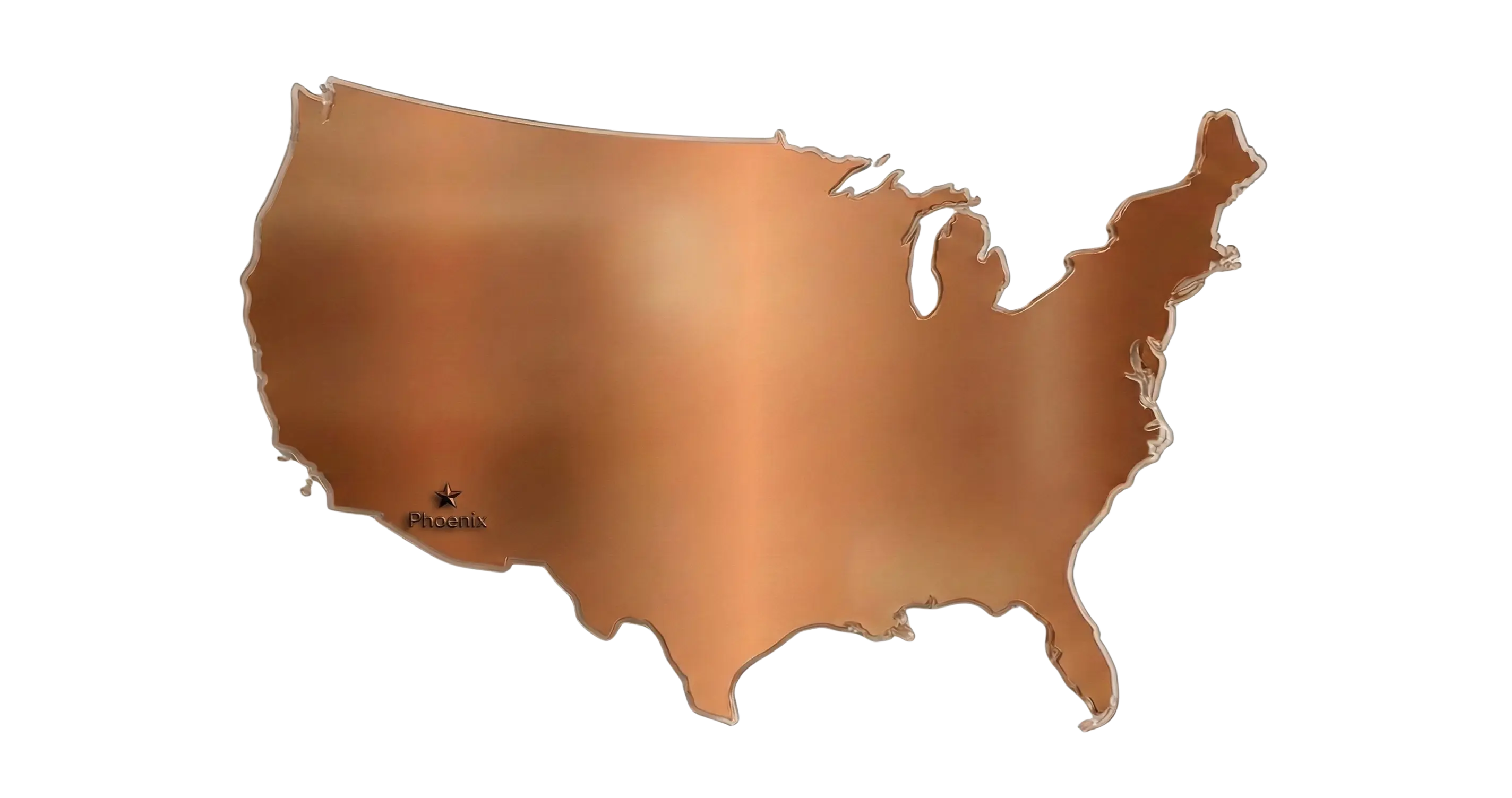 Metallic copper map of the United States with a star and the word Phoenix at the location of Phoenix, Arizona