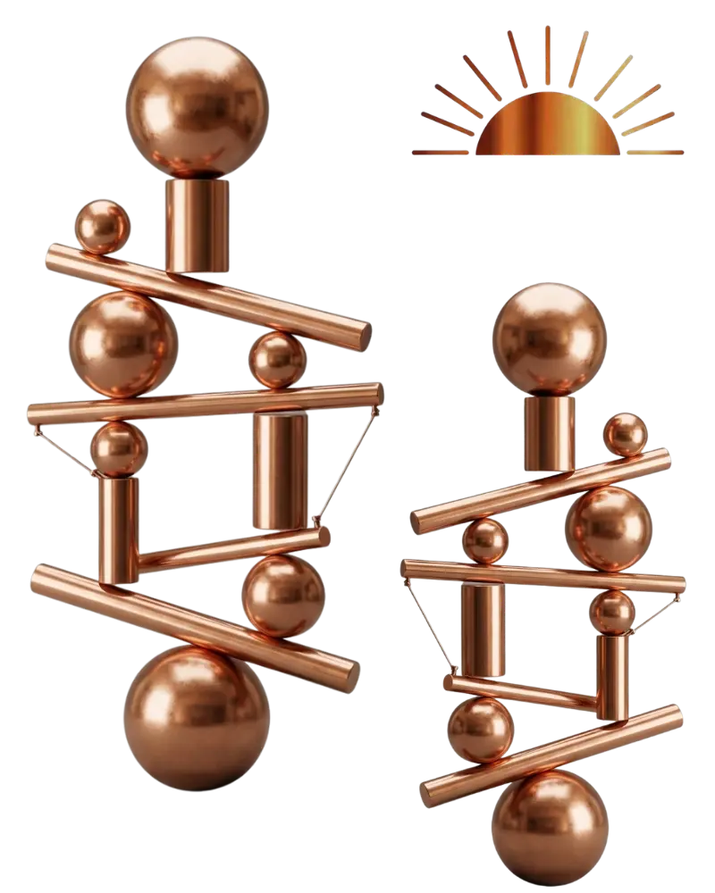Image of balancing metallic copper spheres and cylinders with the Socorro sun above
