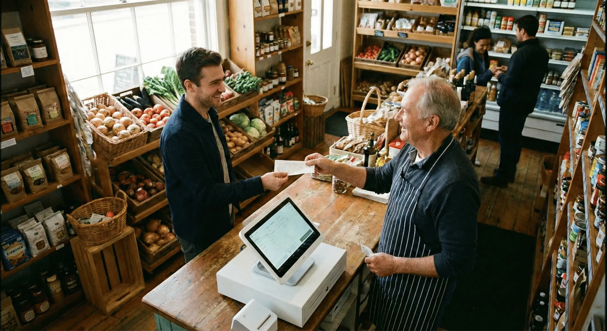 Local grocer and customer reviewing a transaction receipt at a checkout counter, AI-generated image.