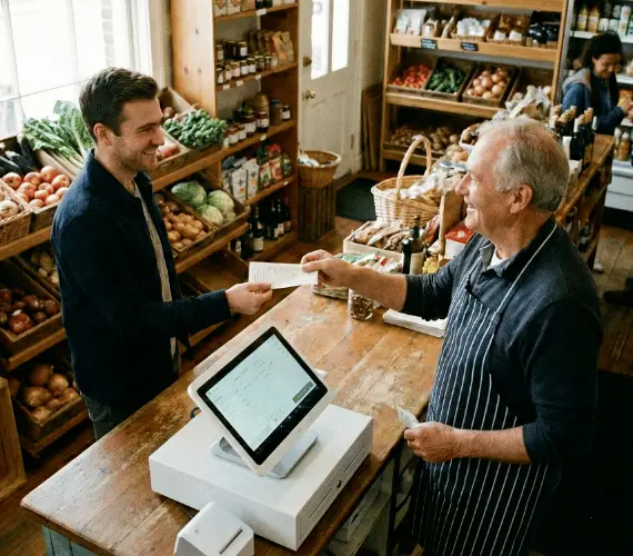 Older grocer reviewing a receipt with a younger customer at a counter with a modern POS system, an AI-generated image.