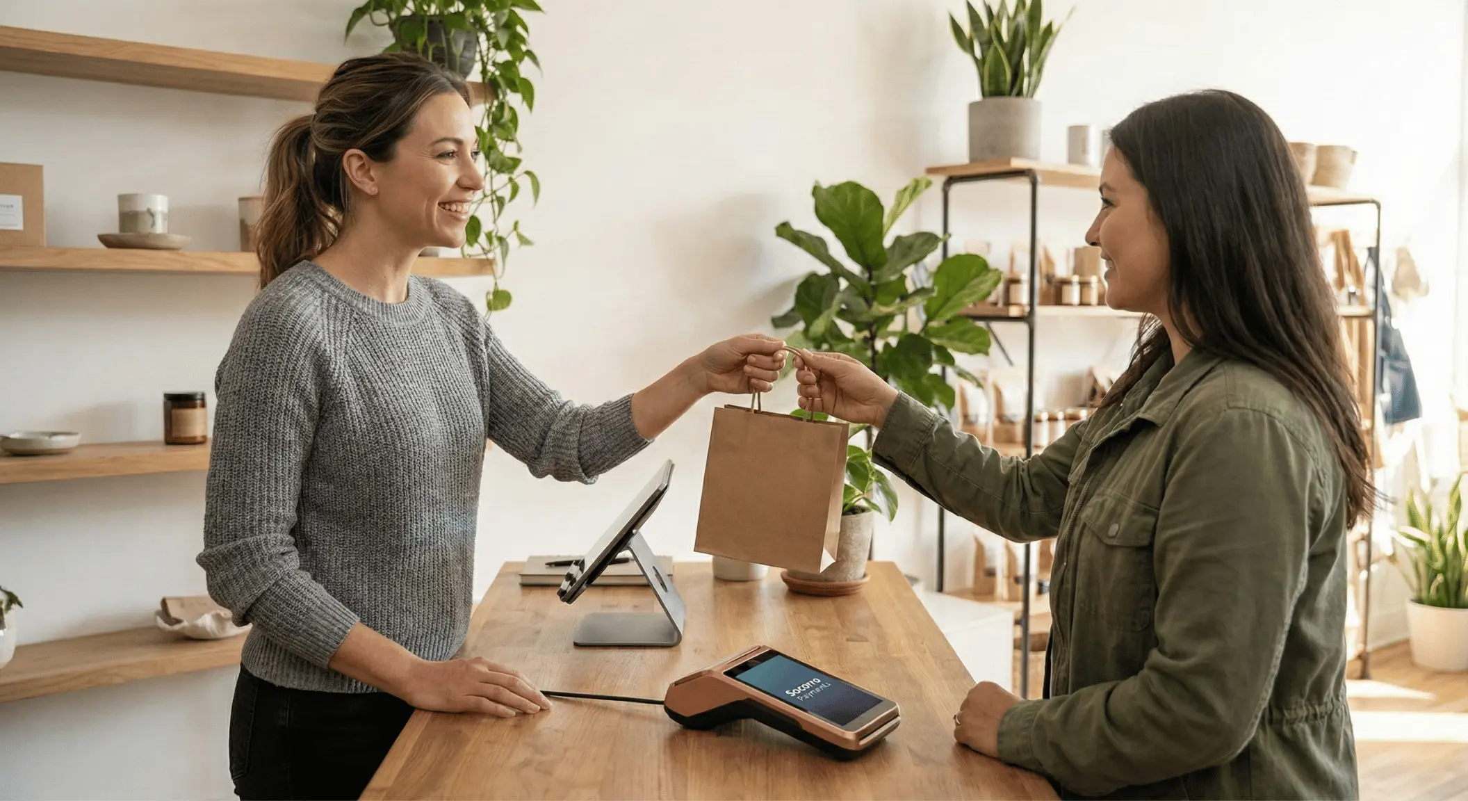 Modern boutique merchant using a Socorro Payments terminal for a customer checkout, AI-generated image.