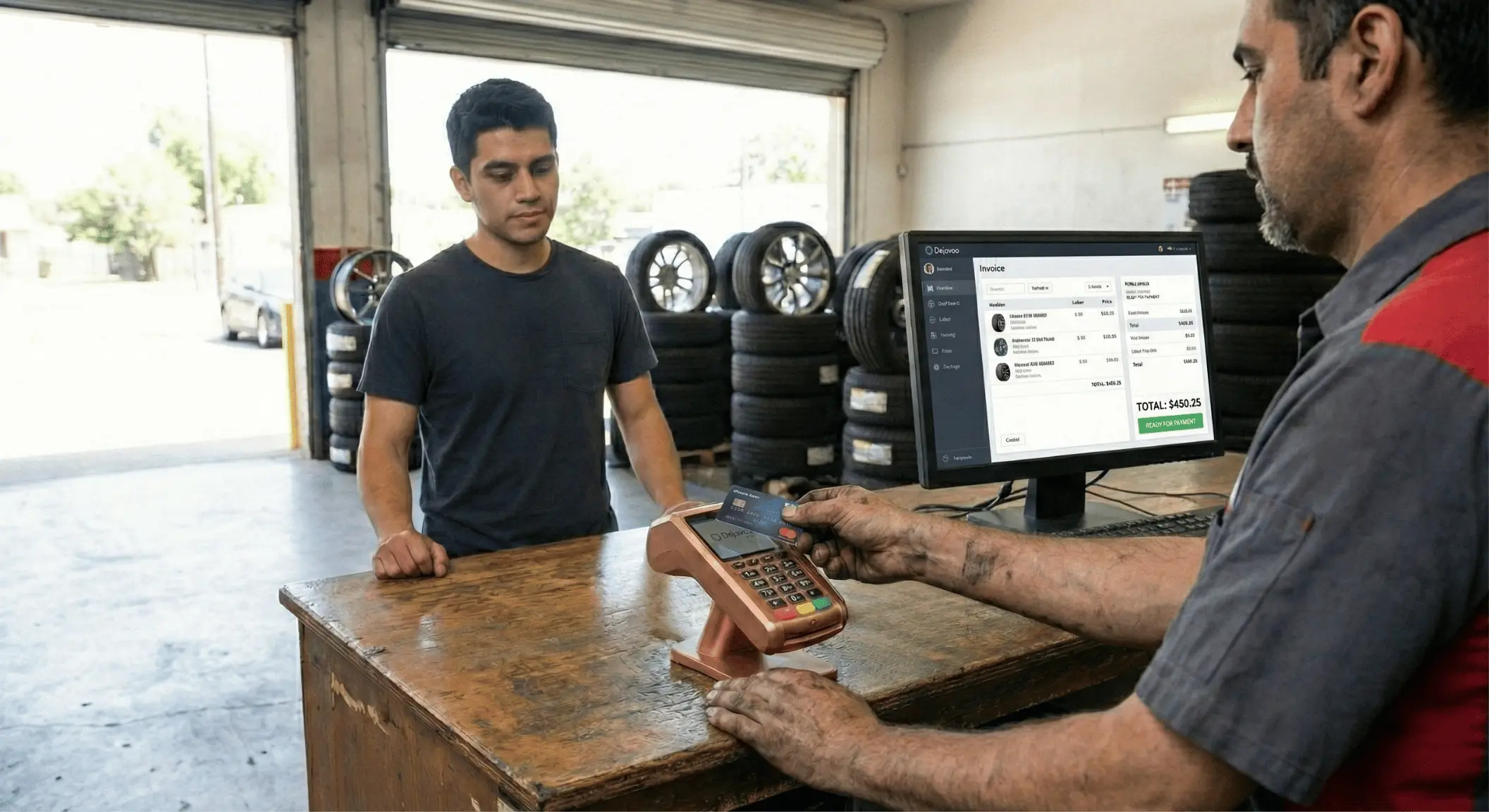 Mechanic at a tire shop processing a credit card payment using an integrated Dejavoo POS system, AI-generated image.