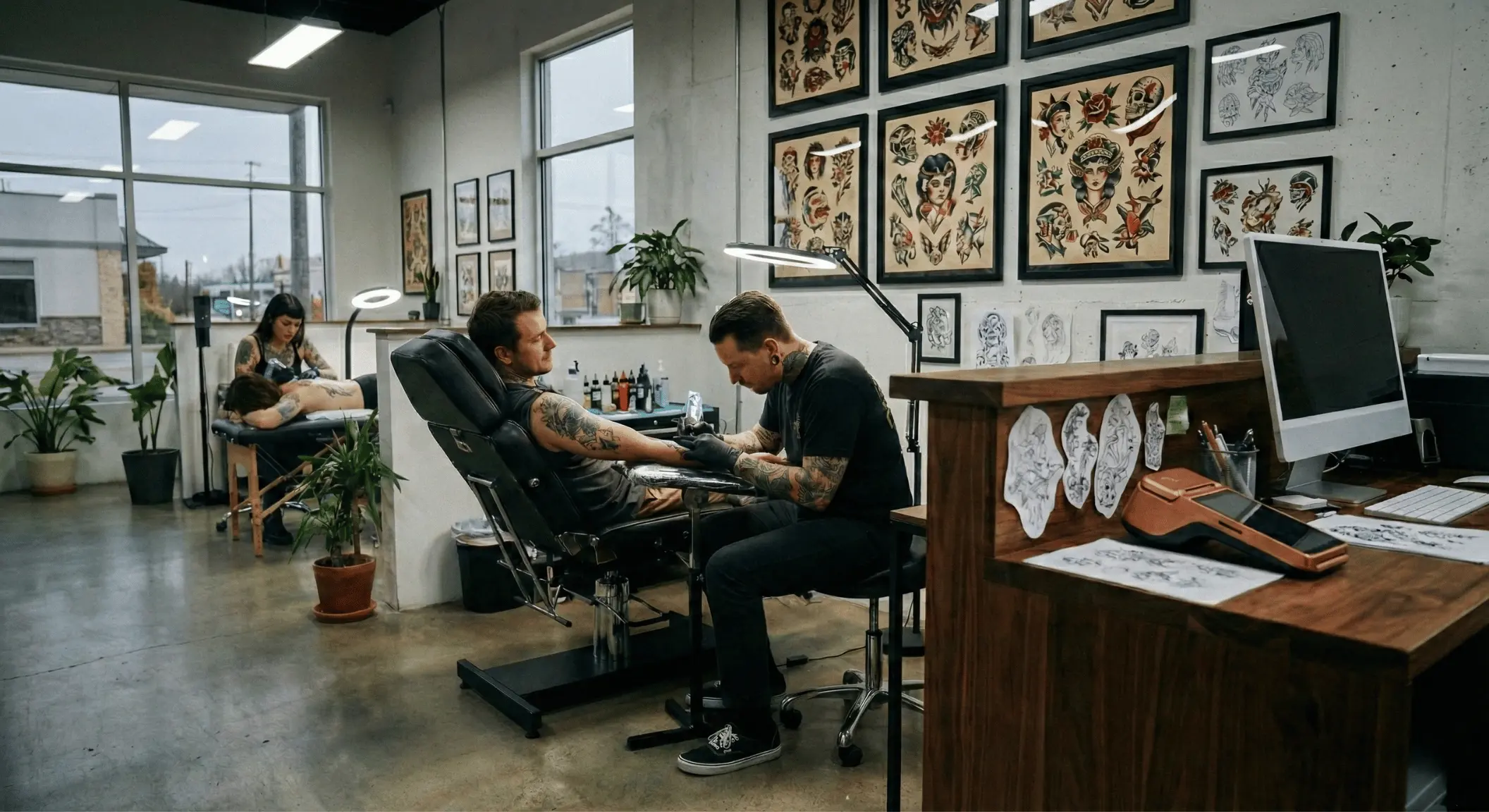 Socorro Payments terminal on the front desk of a professional tattoo studio, AI-generated image.