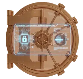 Metallic copper round vault door with lock and biometrics in center