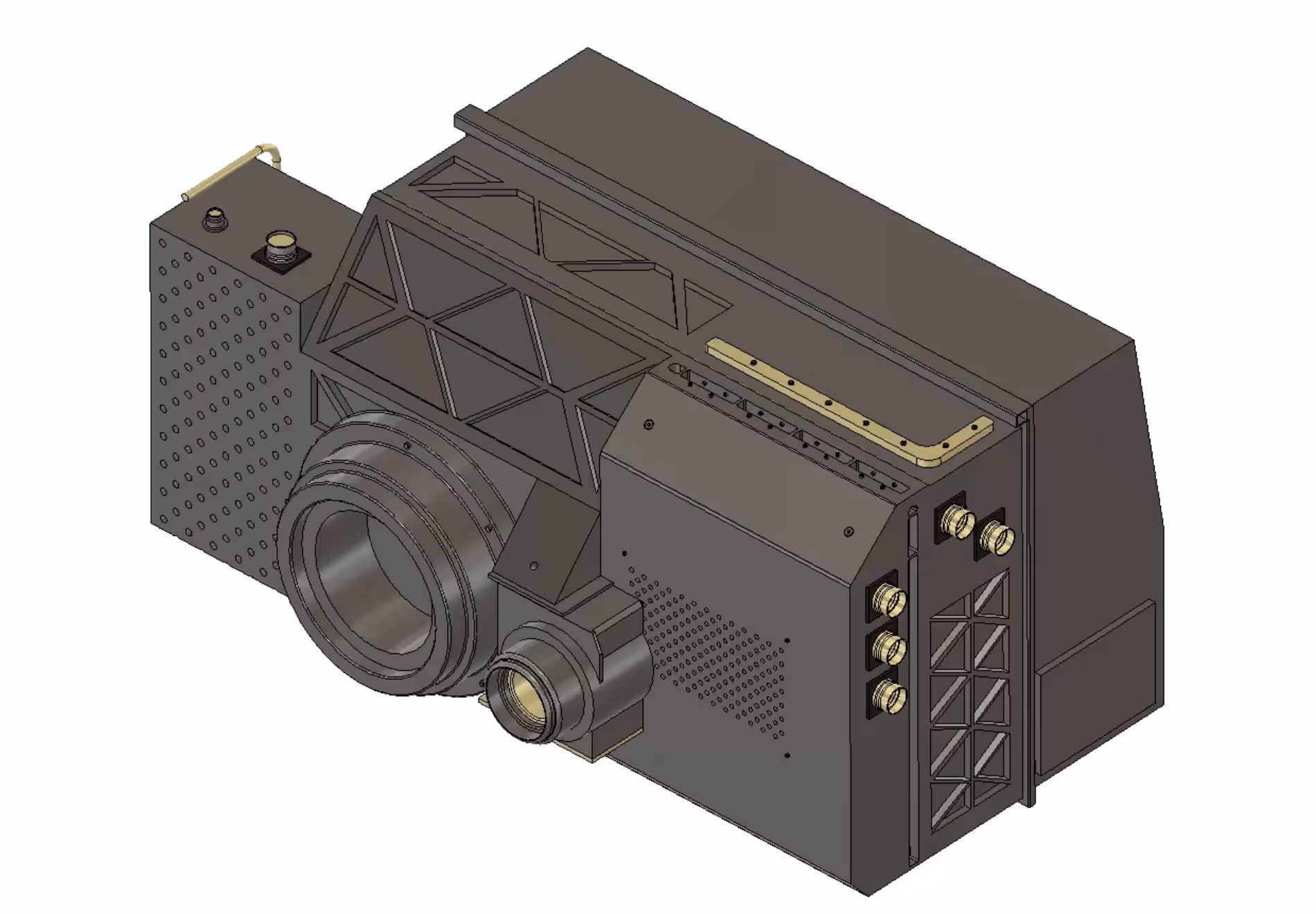 3D model of a black industrial camera housing with multiple lens mounts and connection ports.