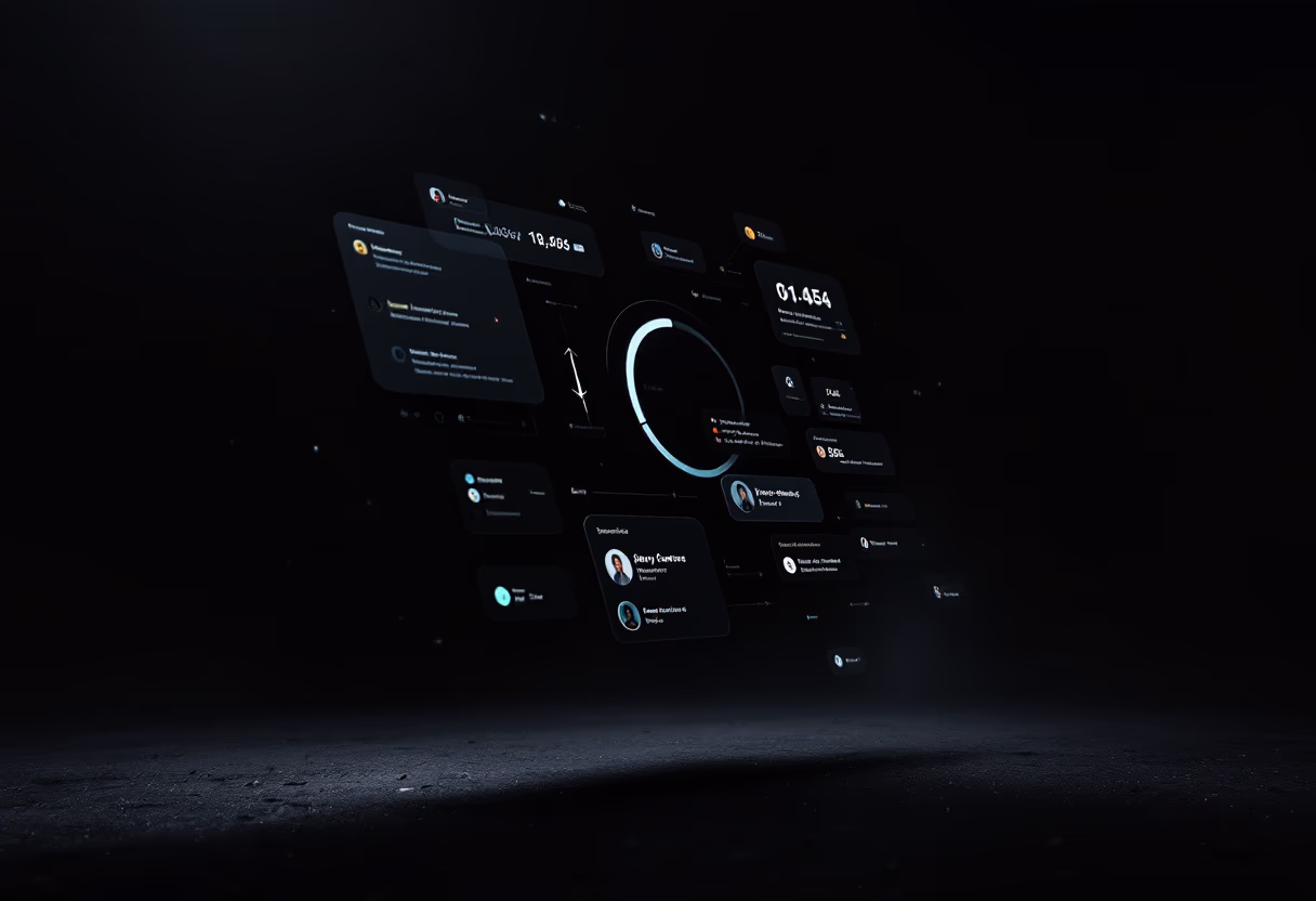 Dark futuristic interface with floating digital data panels and charts illuminated against a black background.