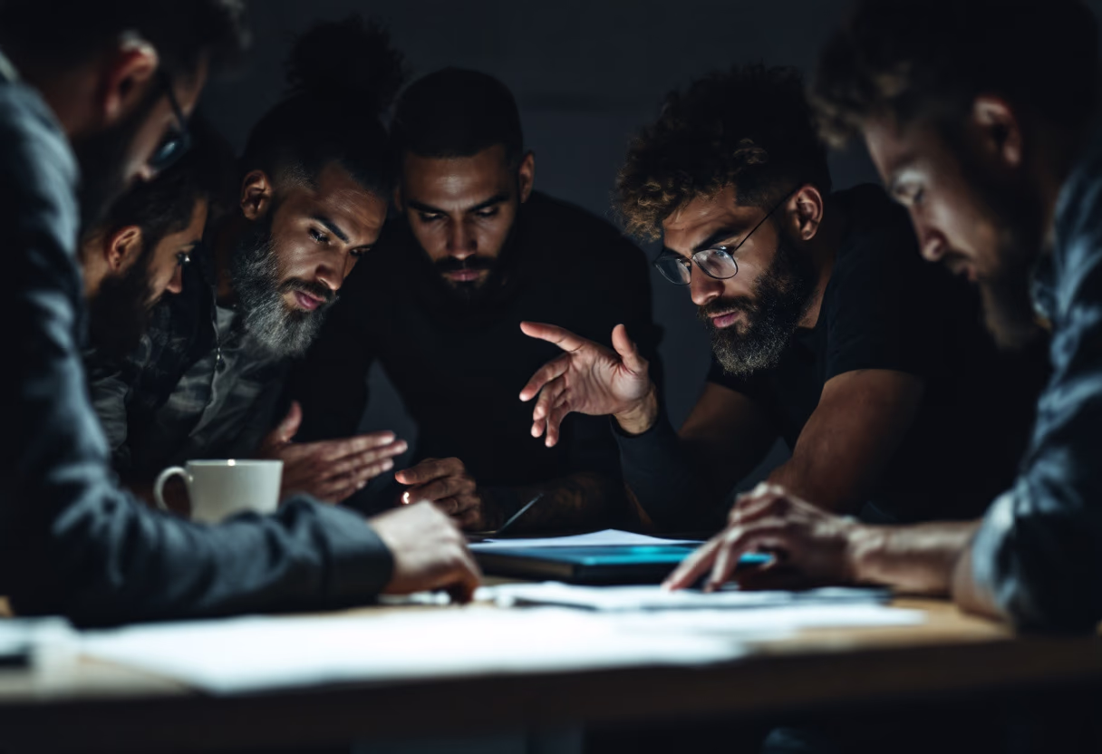 Group of six men with beards gathered around a table, engaged in a serious discussion over documents in a dimly lit room.