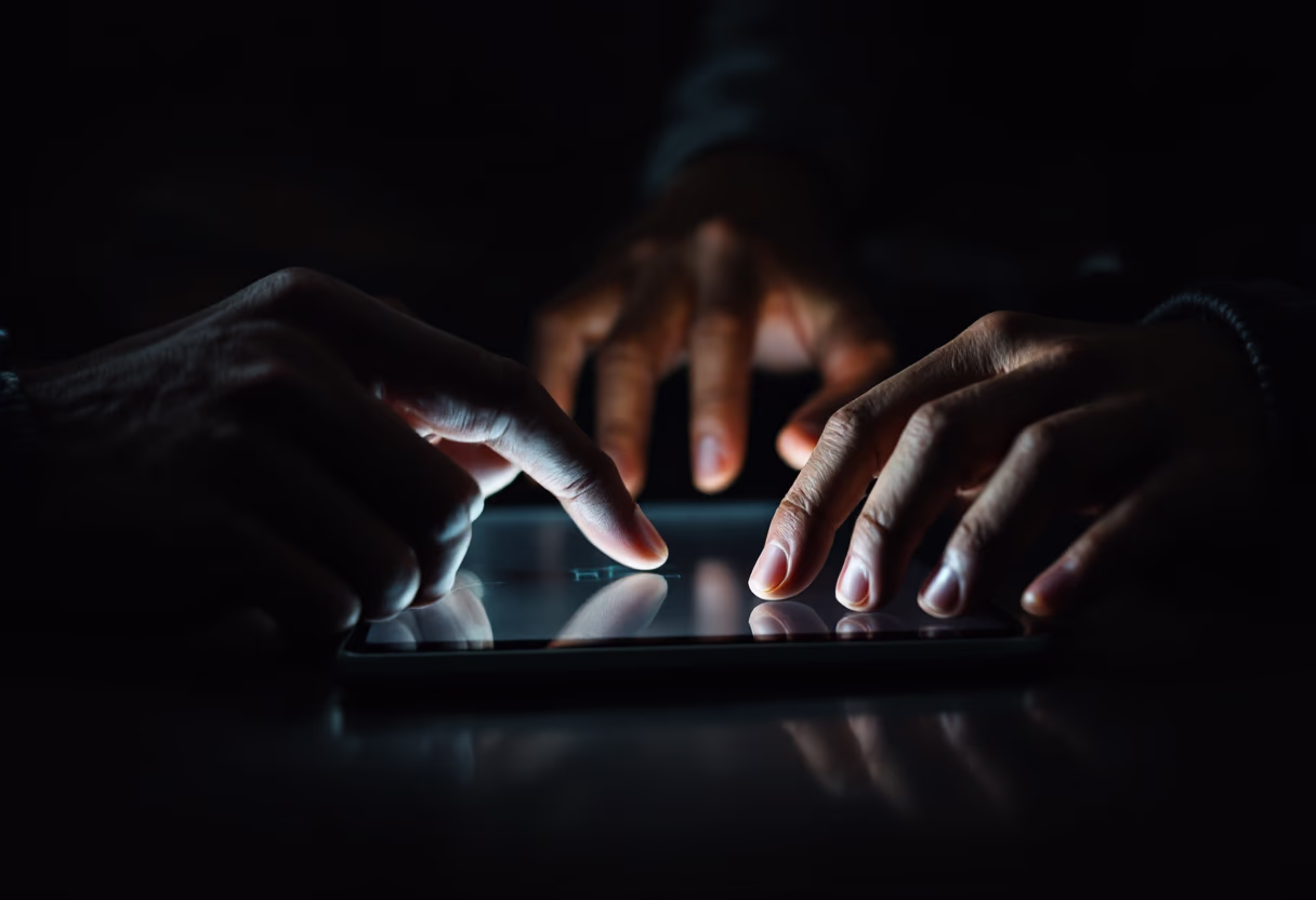 Hands interacting with a glowing touchscreen device in a dark environment.
