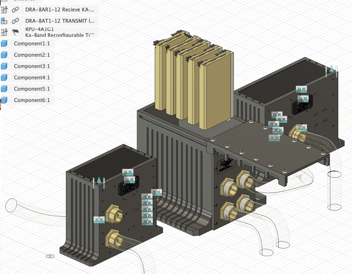 3D CAD model of an electronic device with multiple gold connectors and vertical gold-colored fins on top, showing detailed component layout and wiring paths.
