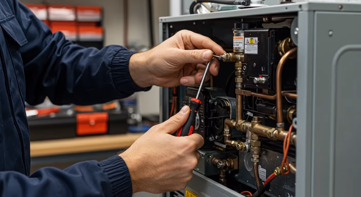 A technician's gloved hands use a red and black screwdriver to adjust a component on a brass valve assembly within a furnace.