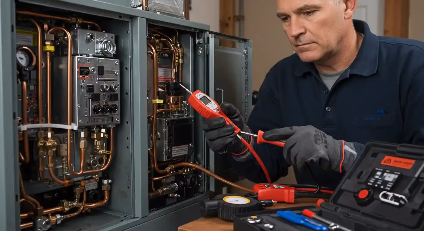 A technician wearing black and gray gloves uses a multi-meter to test the wiring inside an open furnace.