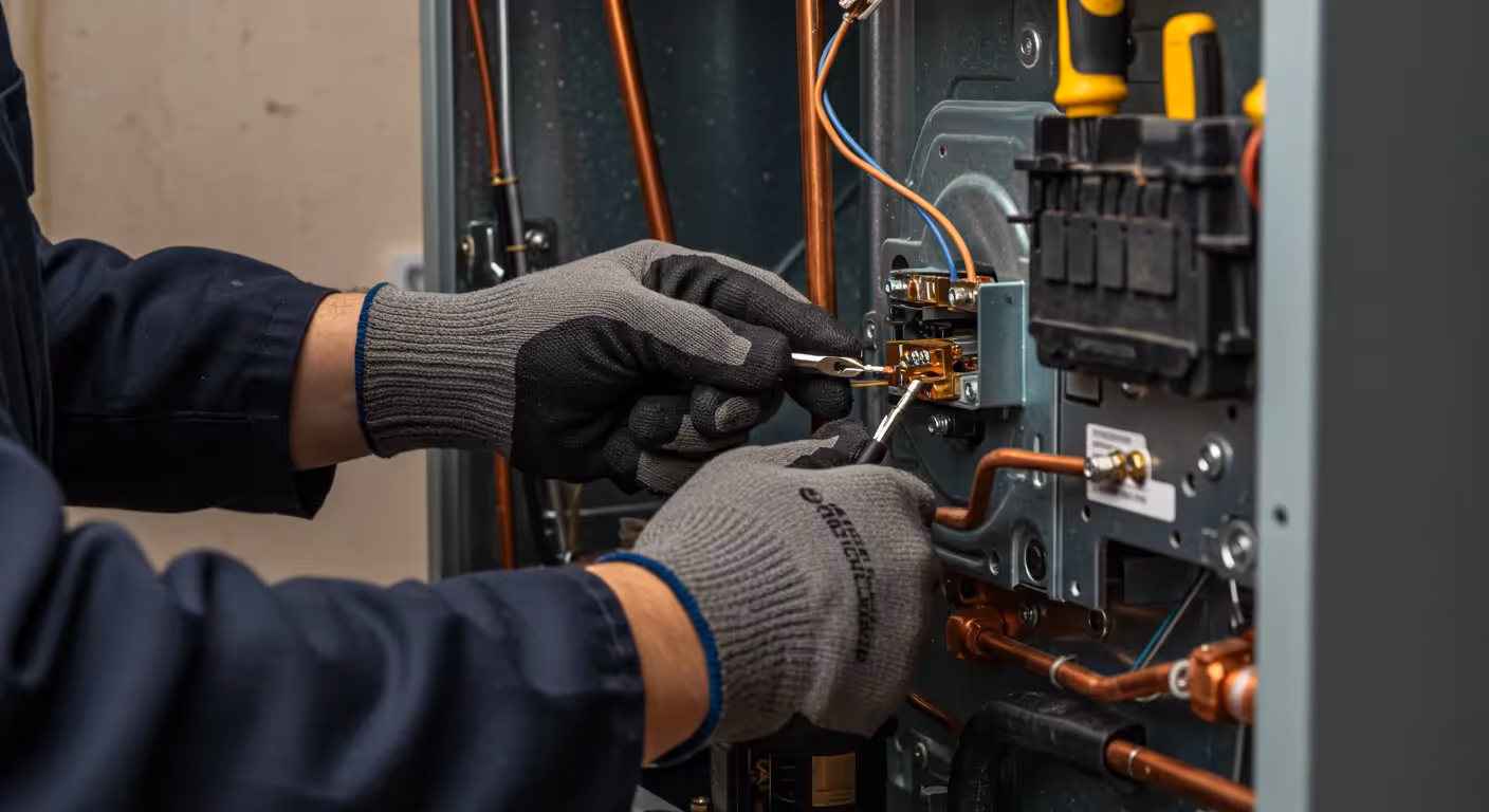 A close-up of a technician's gloved hands using a small tool to tighten a terminal inside a furnace.