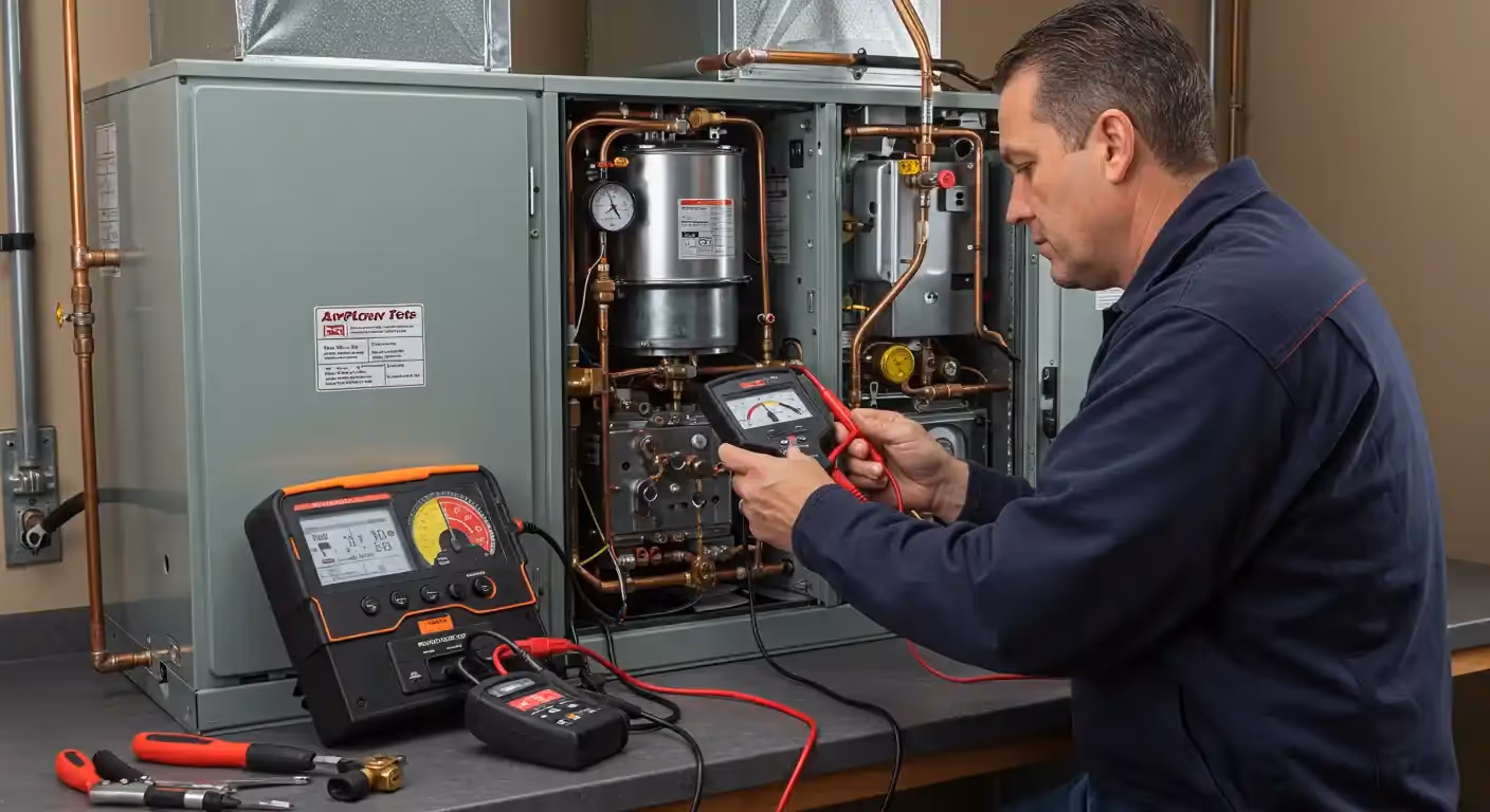 A technician diagnoses a furnace using a multi-meter and a second diagnostic tool with a large display on a workbench.