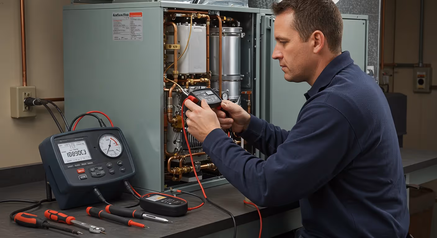 A technician uses a multi-meter to check the wiring of a furnace, with a larger testing device on the table beside him.